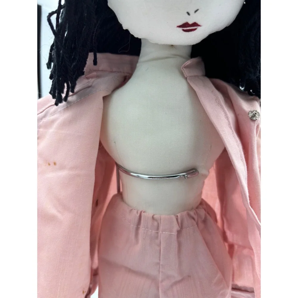 Vintage Cloth Doll Asian Style Pink Outfit Black‎ Yarn Hair prewned GUC 1970s